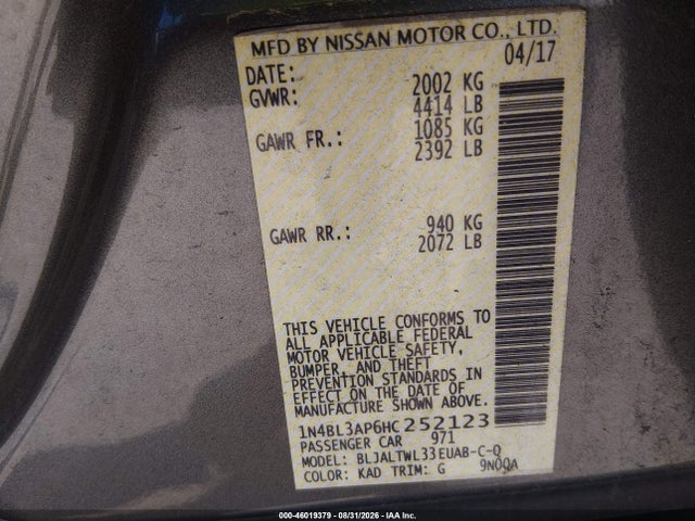 Продаж на аукціоні авто 2017 Nissan Altima 3.5 Sl, vin: 1N4BL3AP6HC252123, номер лоту: 46019379