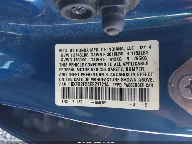 2014 Honda Civic Lx მანქანა იყიდება აუქციონზე, vin: 19XFB2F54EE217214, აუქციონის ნომერი: 46019390
