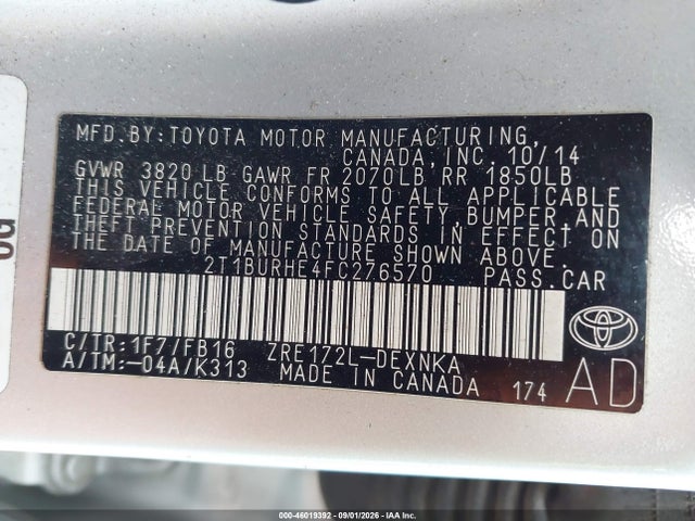 Toyota COROLLA LE 2015 2T1BURHE4FC276570 Image 9