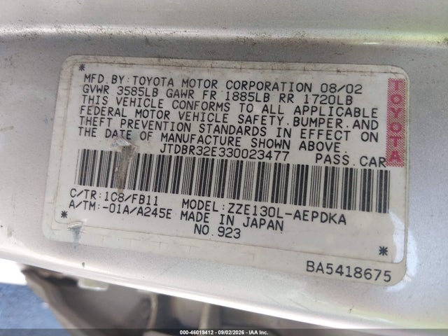 46019412 :رقم المزاد ، JTDBR32E330023477 vin ، 2003 Toyota Corolla Ce مزاد بيع