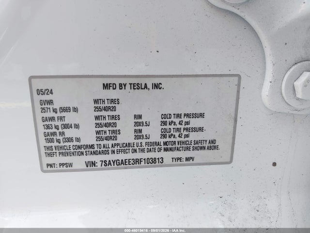 46019416 :رقم المزاد ، 7SAYGAEE3RF103813 vin ، 2024 Tesla Model Y Long Range Dual Motor All-wheel Drive مزاد بيع