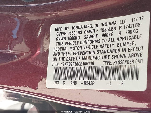 46019424 :رقم المزاد ، 19XFB2F56CE105110 vin ، 2012 Honda Civic Lx مزاد بيع