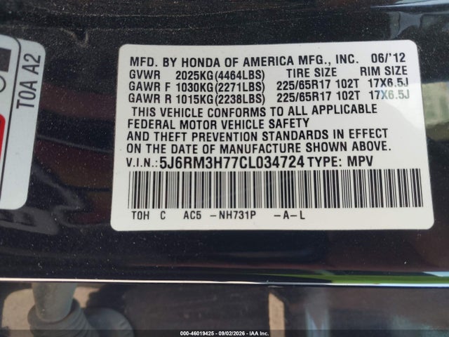 46019425 :رقم المزاد ، 5J6RM3H77CL034724 vin ، 2012 Honda Cr-v Ex-l مزاد بيع