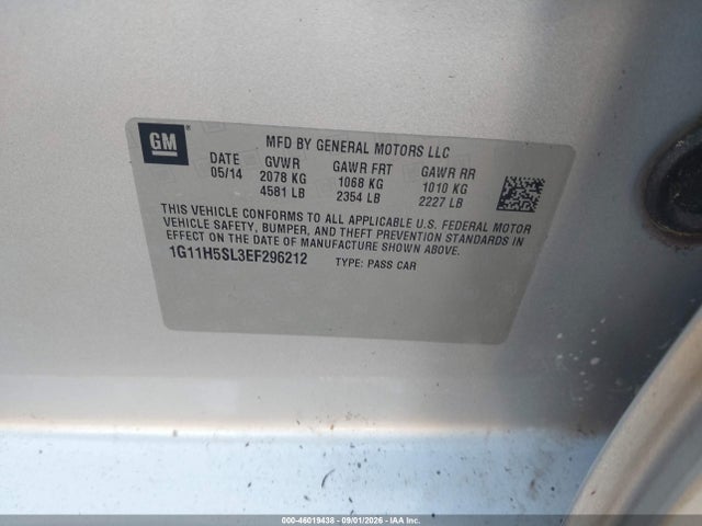 46019438 :رقم المزاد ، 1G11H5SL3EF296212 vin ، 2014 Chevrolet Malibu 1lz مزاد بيع