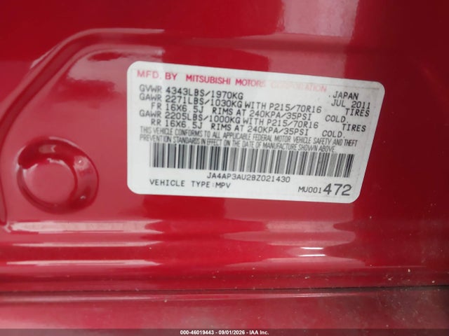 Aukcja sprzedaży 2011 Mitsubishi Outlander Sport Es, vin: JA4AP3AU2BZ021430, numer aukcji: 46019443