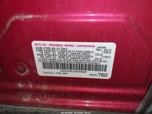 2016 Mitsubishi Outlander Es/se/sel მანქანა იყიდება აუქციონზე, vin: JA4AZ3A31GZ049468, აუქციონის ნომერი: 46019450