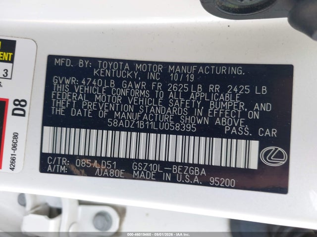 Aukcja sprzedaży 2020 Lexus Es 350, vin: 58ADZ1B11LU058395, numer aukcji: 46019460