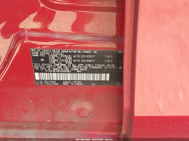 46019469 :رقم المزاد ، 2T3ZFREV9FW168383 vin ، 2015 Toyota Rav4 Le مزاد بيع