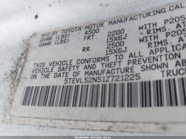 46019485 :رقم المزاد ، 5TEVL52N51Z721225 vin ، 2001 Toyota Tacoma مزاد بيع