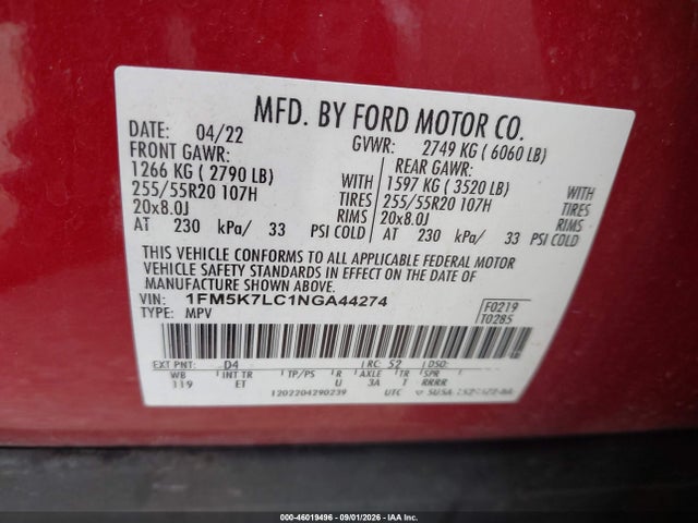 Aukcja sprzedaży 2022 Ford Explorer King Ranch, vin: 1FM5K7LC1NGA44274, numer aukcji: 46019496