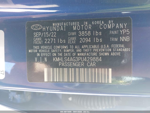 Продажа на аукционе авто 2023 Hyundai Elantra Sel, vin: KMHLS4AG3PU429884, номер лота: 46019498
