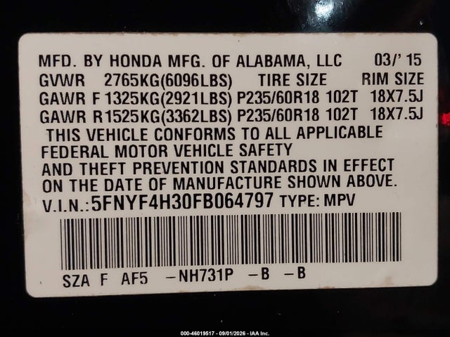 Продажа на аукционе авто 2015 Honda Pilot Se, vin: 5FNYF4H30FB064797, номер лота: 46019517