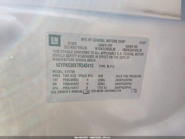 Продаж на аукціоні авто 2007 Cadillac Escalade Standard, vin: 1GYFK638X7R343410, номер лоту: 46019522