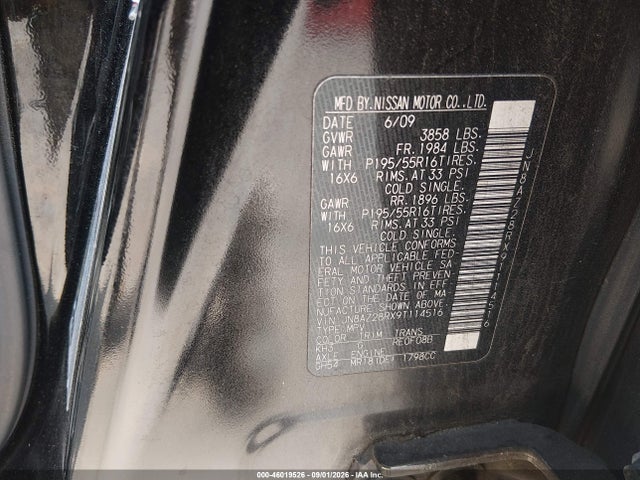 2009 Nissan Cube 1.8sl მანქანა იყიდება აუქციონზე, vin: JN8AZ28RX9T114516, აუქციონის ნომერი: 46019526