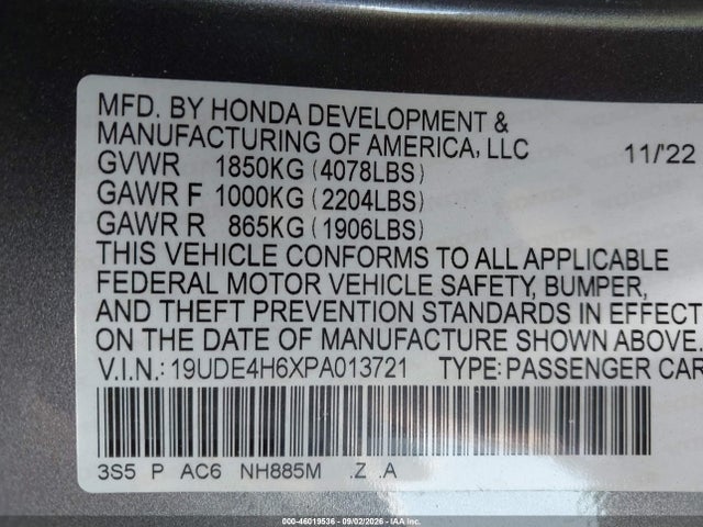 2023 Acura Integra A-spec Technology მანქანა იყიდება აუქციონზე, vin: 19UDE4H6XPA013721, აუქციონის ნომერი: 46019536