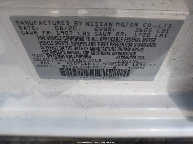 Продаж на аукціоні авто 2020 Nissan Versa Sr Xtronic Cvt, vin: 3N1CN8FV8LL909954, номер лоту: 46019540