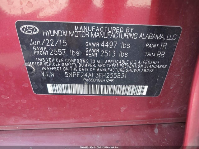 46019542 :رقم المزاد ، 5NPE24AF3FH255831 vin ، 2015 Hyundai Sonata Se مزاد بيع