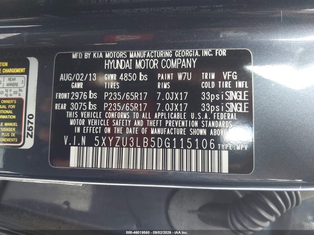46019560 :رقم المزاد ، 5XYZU3LB5DG115106 vin ، 2013 Hyundai Santa Fe Sport مزاد بيع