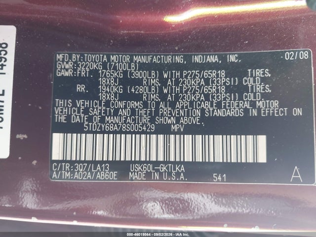 46019564 :رقم المزاد ، 5TDZY68A78S005429 vin ، 2008 Toyota Sequoia Limited 5.7l V8 مزاد بيع