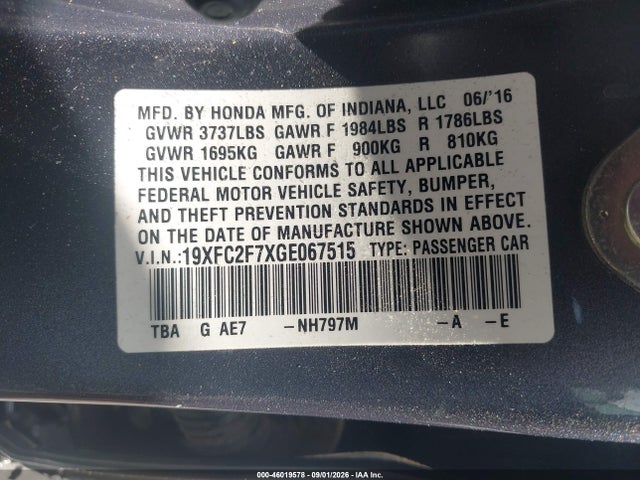 Aukcja sprzedaży 2016 Honda Civic Ex, vin: 19XFC2F7XGE067515, numer aukcji: 46019578