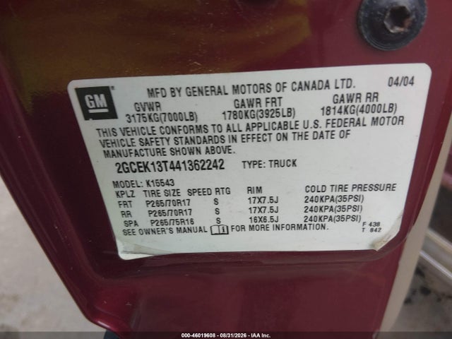 46019608 :رقم المزاد ، 2GCEK13T441362242 vin ، 2004 Chevrolet Silverado 1500 Z71 مزاد بيع