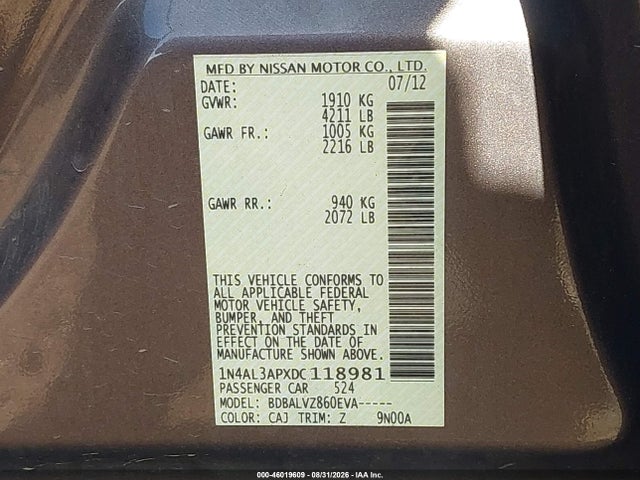 Продаж на аукціоні авто 2013 Nissan Altima 2.5 Sl, vin: 1N4AL3APXDC118981, номер лоту: 46019609