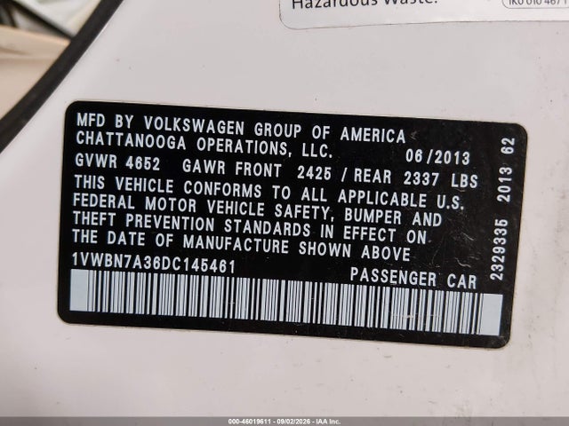 46019611 :رقم المزاد ، 1VWBN7A36DC145461 vin ، 2013 Volkswagen Passat 2.0l Tdi Se مزاد بيع