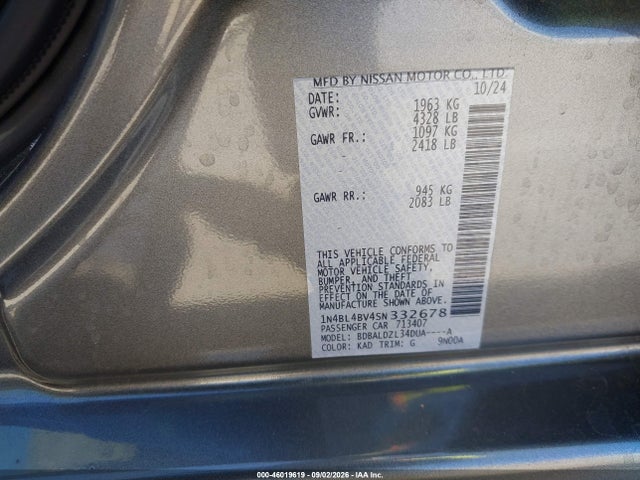 46019619 :رقم المزاد ، 1N4BL4BV4SN332678 vin ، 2025 Nissan Altima S Fwd مزاد بيع