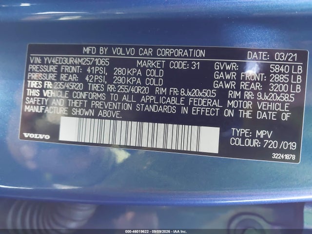 Продаж на аукціоні авто 2021 Volvo Xc40 Recharge Pure Electric P8, vin: YV4ED3UR4M2571065, номер лоту: 46019622