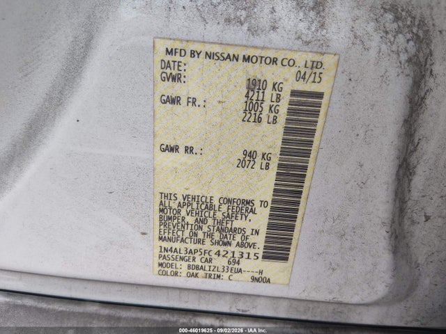 Продажа на аукционе авто 2015 Nissan Altima 2.5 Sv, vin: 1N4AL3AP5FC421315, номер лота: 46019625