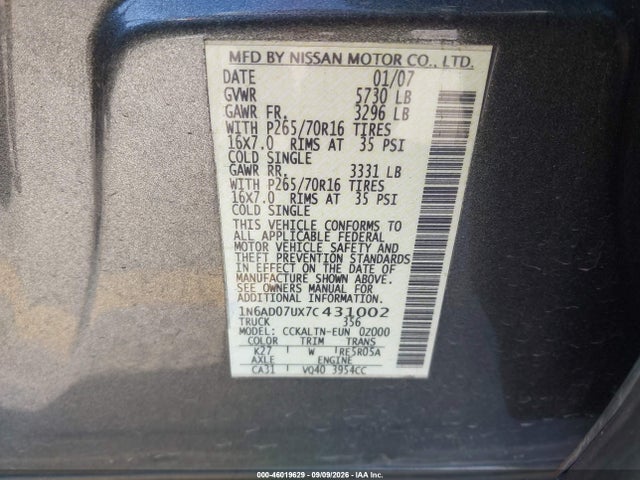 46019629 :رقم المزاد ، 1N6AD07UX7C431002 vin ، 2007 Nissan Frontier Se مزاد بيع