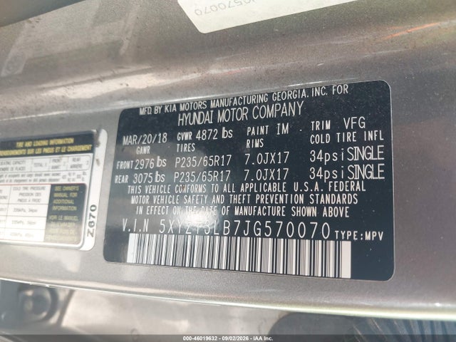 Продажа на аукционе авто 2018 Hyundai Santa Fe Sport 2.4l, vin: 5XYZT3LB7JG570070, номер лота: 46019632