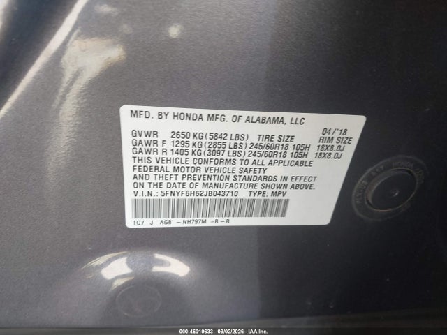 Продаж на аукціоні авто 2018 Honda Pilot Ex-l, vin: 5FNYF6H62JB043710, номер лоту: 46019633