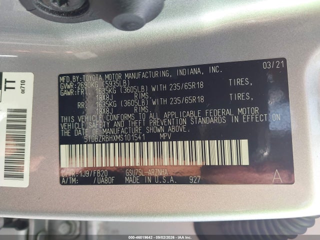2021 Toyota Highlander Le მანქანა იყიდება აუქციონზე, vin: 5TDBZRBHXMS101541, აუქციონის ნომერი: 46019642