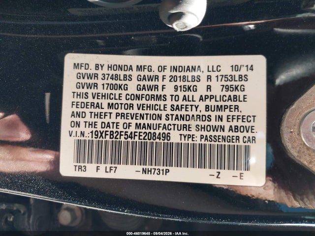 2015 Honda Civic Lx მანქანა იყიდება აუქციონზე, vin: 19XFB2F54FE208496, აუქციონის ნომერი: 46019648