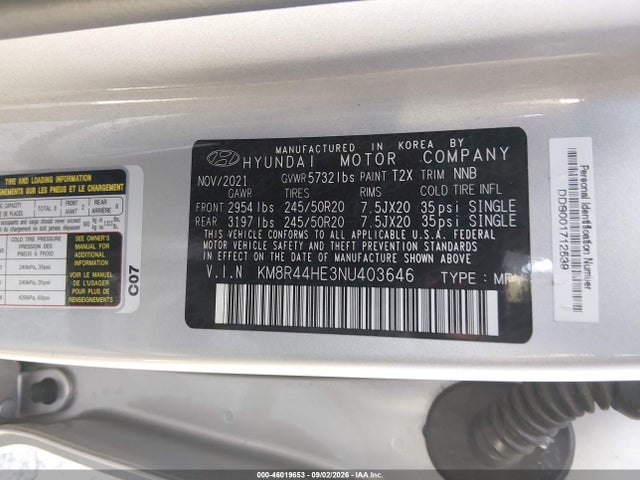 2022 Hyundai Palisade Sel მანქანა იყიდება აუქციონზე, vin: KM8R44HE3NU403646, აუქციონის ნომერი: 46019653