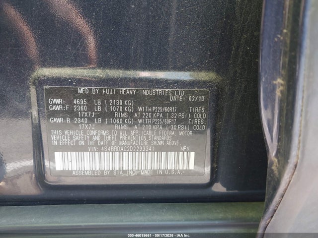 46019661 :رقم المزاد ، 4S4BRDAC2D2293341 vin ، 2013 Subaru Outback 3.6r مزاد بيع