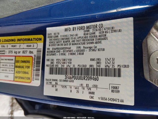 Aukcja sprzedaży 2018 Ford Fusion Hybrid S, vin: 3FA6P0UU0JR209460, numer aukcji: 46019662