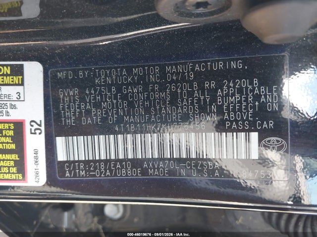 46019676 :رقم المزاد ، 4T1B11HK7KU776456 vin ، 2019 Toyota Camry Se مزاد بيع