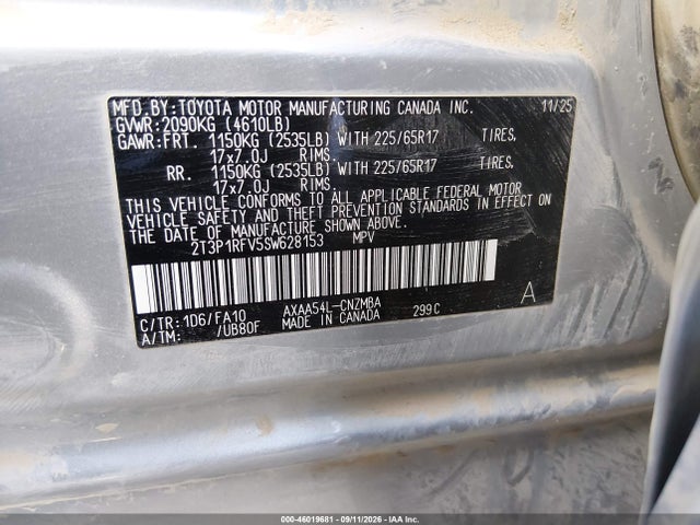 2025 Toyota Rav4 Xle მანქანა იყიდება აუქციონზე, vin: 2T3P1RFV5SW628153, აუქციონის ნომერი: 46019681