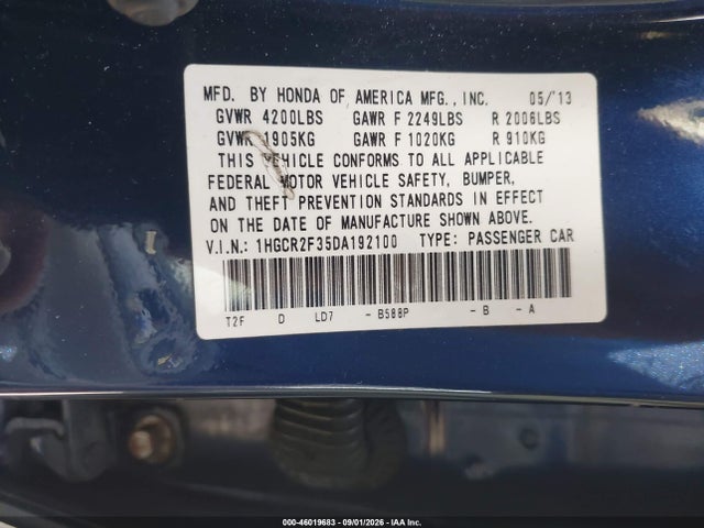 Продаж на аукціоні авто 2013 Honda Accord Lx, vin: 1HGCR2F35DA192100, номер лоту: 46019683