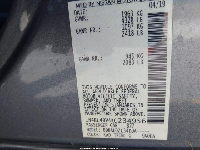 1N4BL4BV4KC234956 Nissan Altima 2.5 S