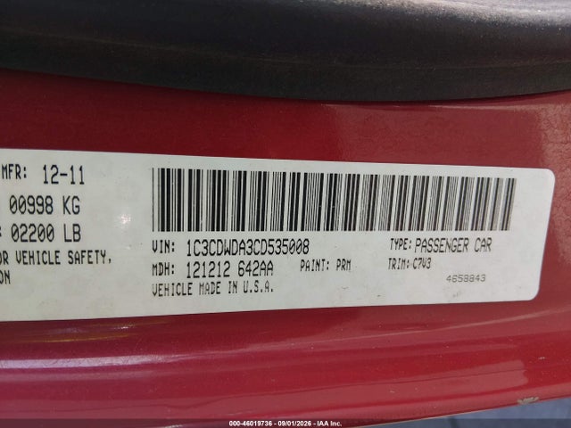 2012 Dodge Caliber Sxt მანქანა იყიდება აუქციონზე, vin: 1C3CDWDA3CD535008, აუქციონის ნომერი: 46019736