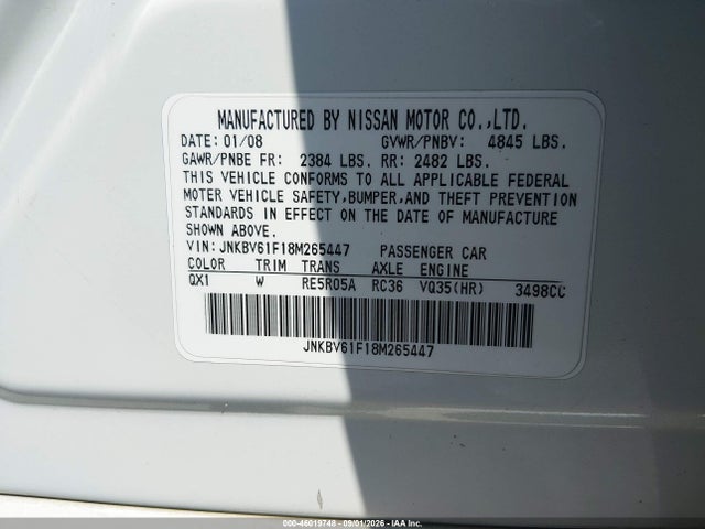 Aukcja sprzedaży 2008 Infiniti G35x, vin: JNKBV61F18M265447, numer aukcji: 46019748