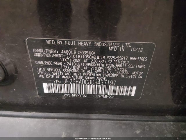 46019752 :رقم المزاد ، JF2SHADC8DH437197 vin ، 2013 Subaru Forester 2.5x Premium مزاد بيع