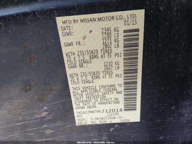 Aukcja sprzedaży 2015 Nissan Murano Platinum, vin: 5N1AZ2MH7FN212018, numer aukcji: 46019755