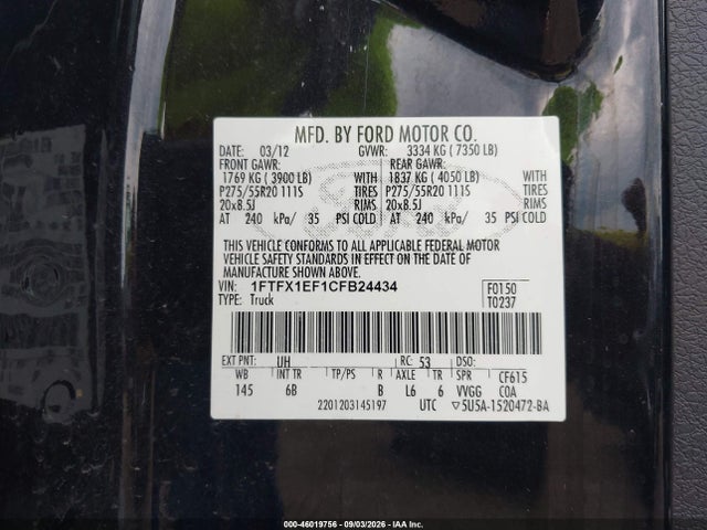 Aukcja sprzedaży 2012 Ford F-150 Fx4, vin: 1FTFX1EF1CFB24434, numer aukcji: 46019756