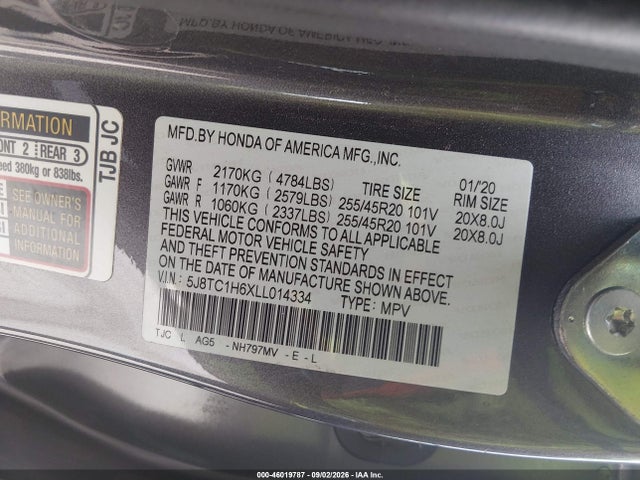 2020 Acura Rdx A-spec Package მანქანა იყიდება აუქციონზე, vin: 5J8TC1H6XLL014334, აუქციონის ნომერი: 46019787