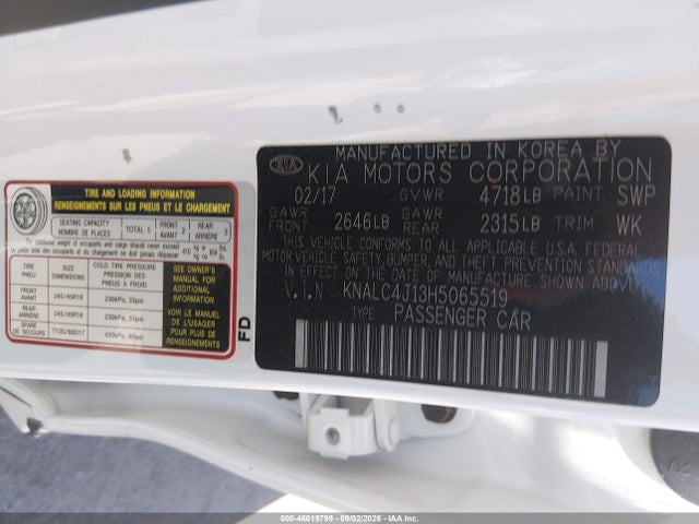 46019799 :رقم المزاد ، KNALC4J13H5065519 vin ، 2017 Kia Cadenza Premium مزاد بيع