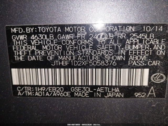 46019800 :رقم المزاد ، JTHBF1D2XF5058376 vin ، 2015 Lexus Is 250 مزاد بيع